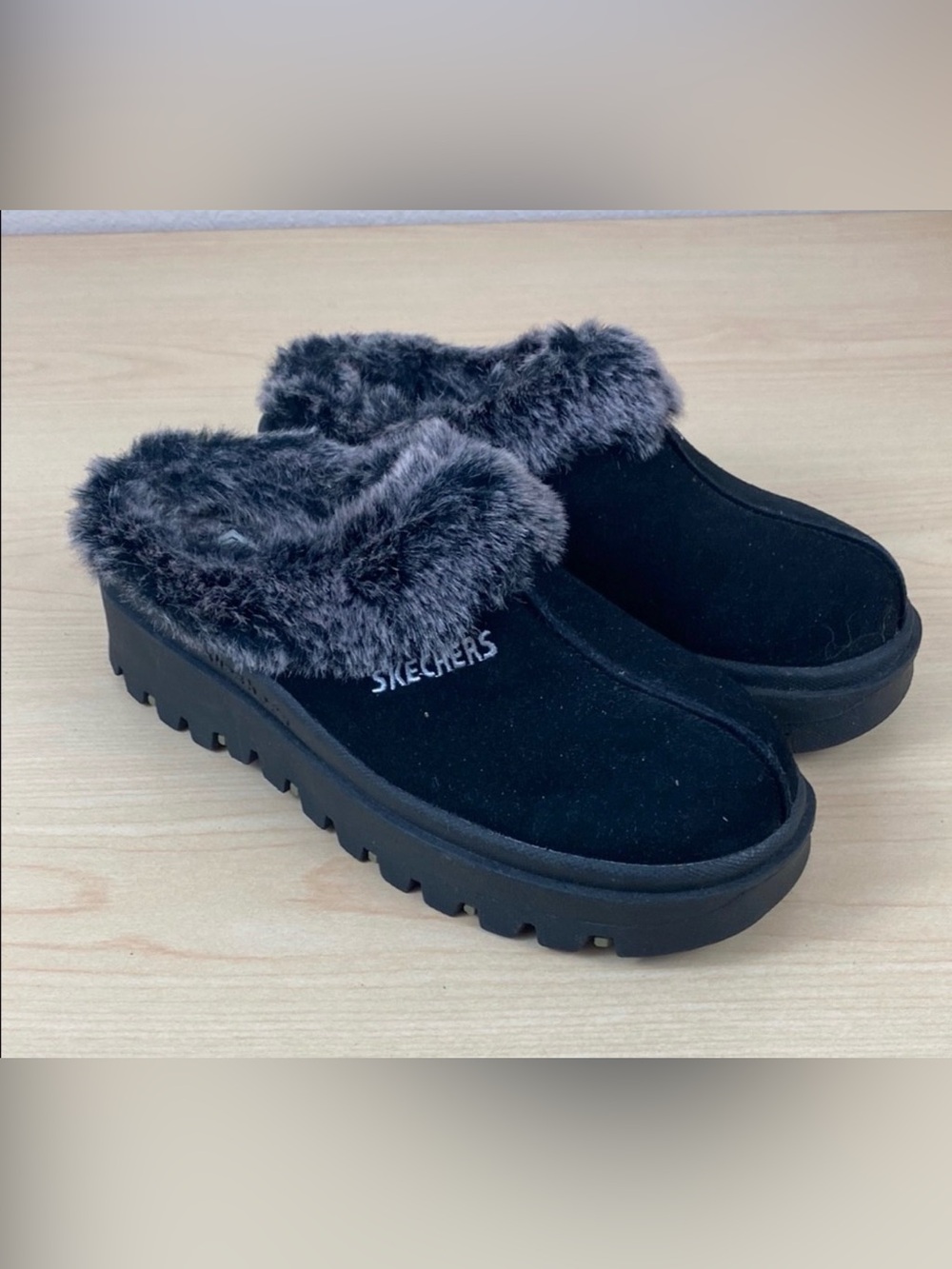 Skechers Black Faux Fur-Trim Slip-On Clog Slippers